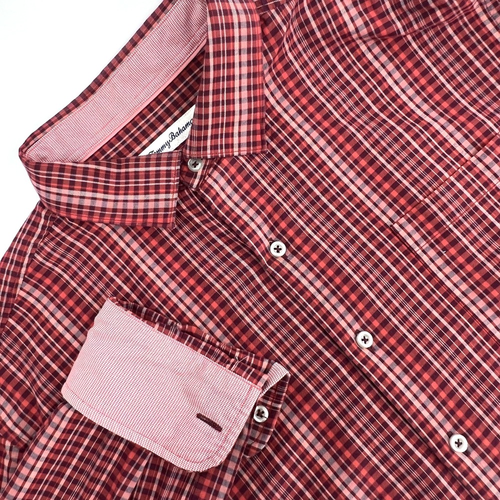 TOMMY BAHAMA Men's Size L Brick Red Plaid Silk Blend Flip-Cuff Button-Down Shirt